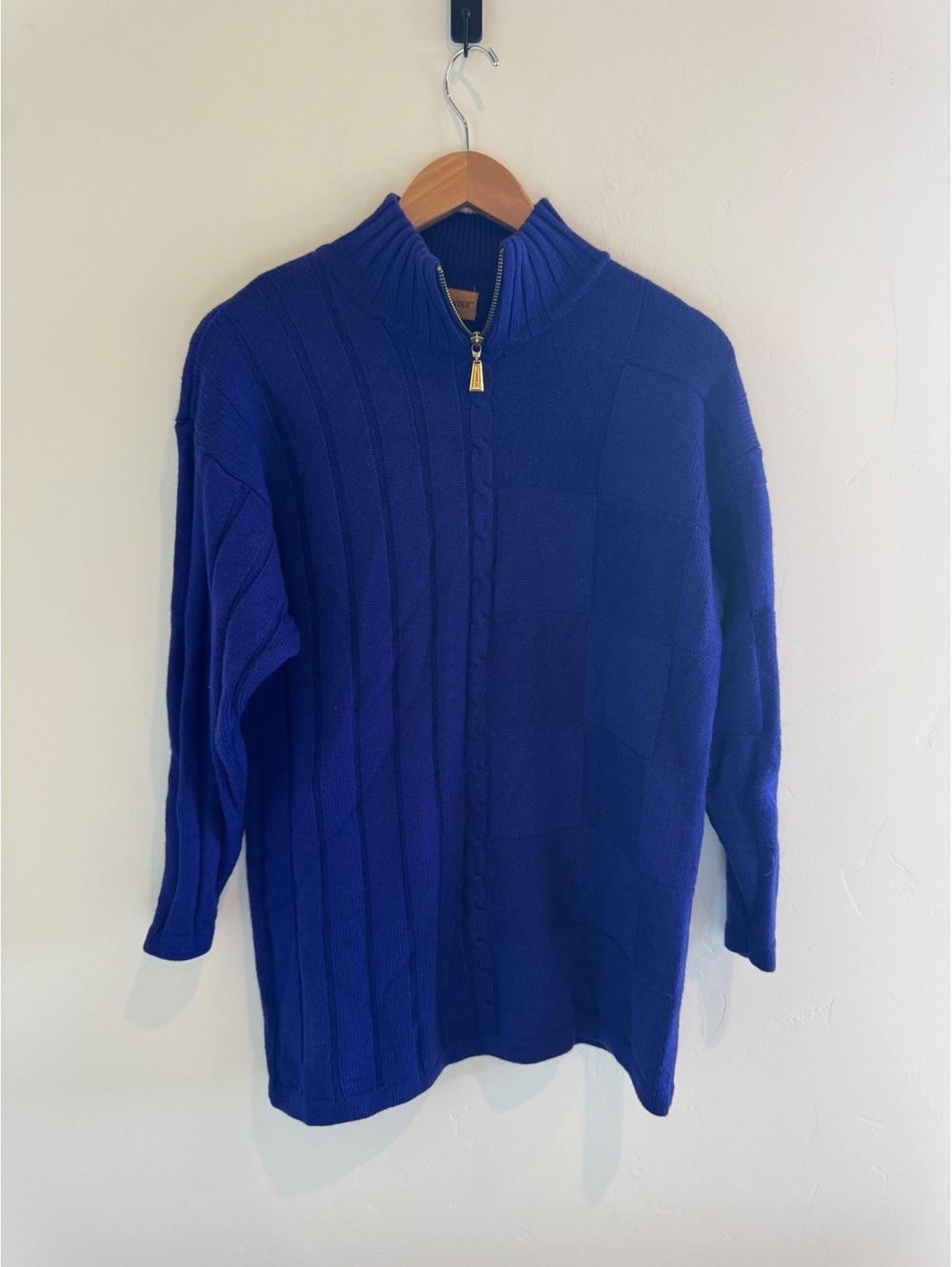 Vintage Classiques Entier 100% Wool Cable Knit Quarter Zip Sweater Blue Large